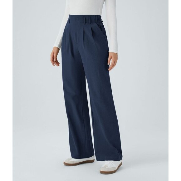 Halara Navy Causal High Waisted Pleated Wide Leg Pants Women's Size S Tall - Picture 1 of 11
